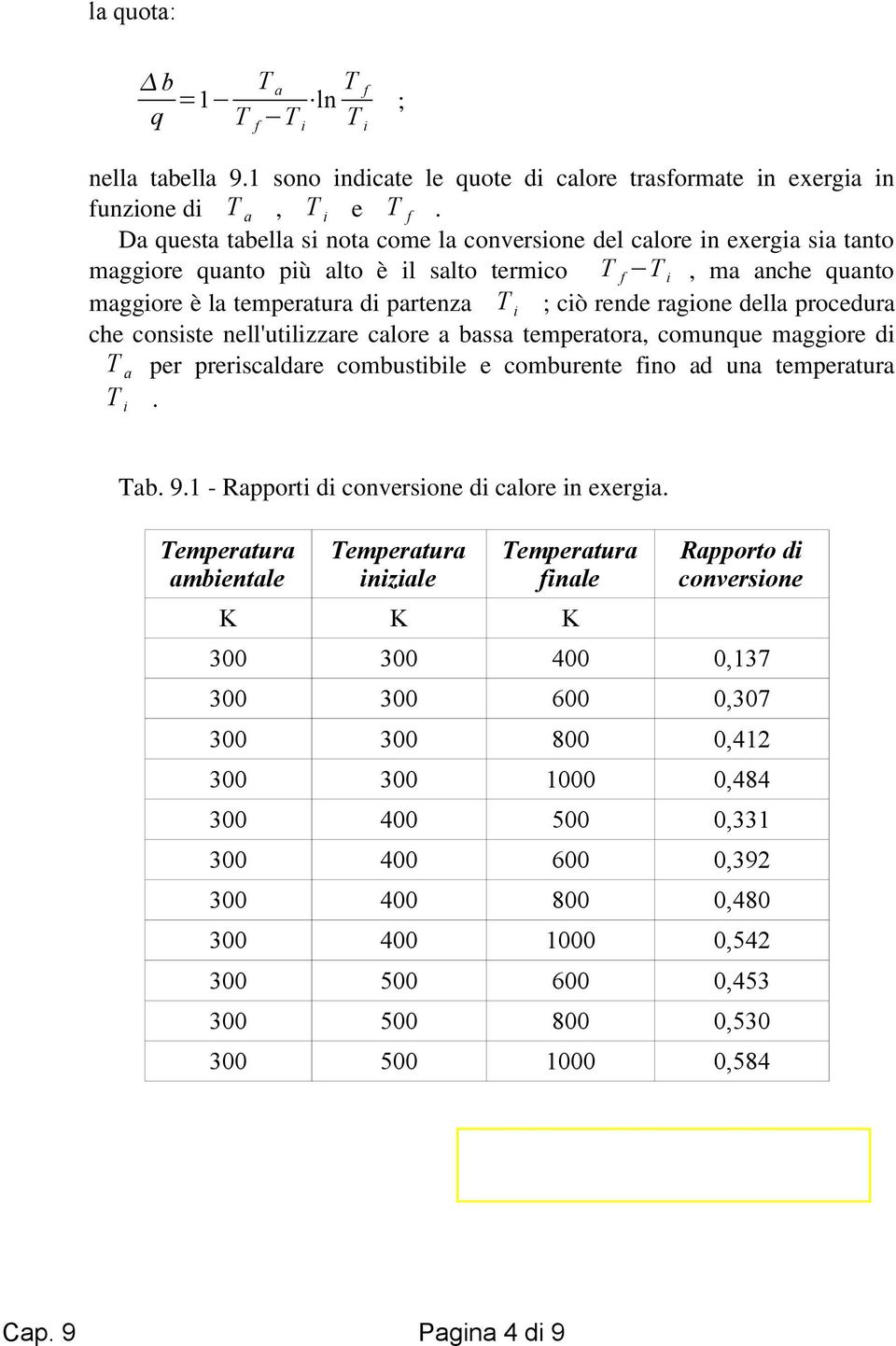 bassa temperatora, comunque maggiore di T a per preriscaldare combustibile e comburente fino ad una temperatura Tab 91 - Rapporti di conversione di calore in exergia Temperatura ambientale