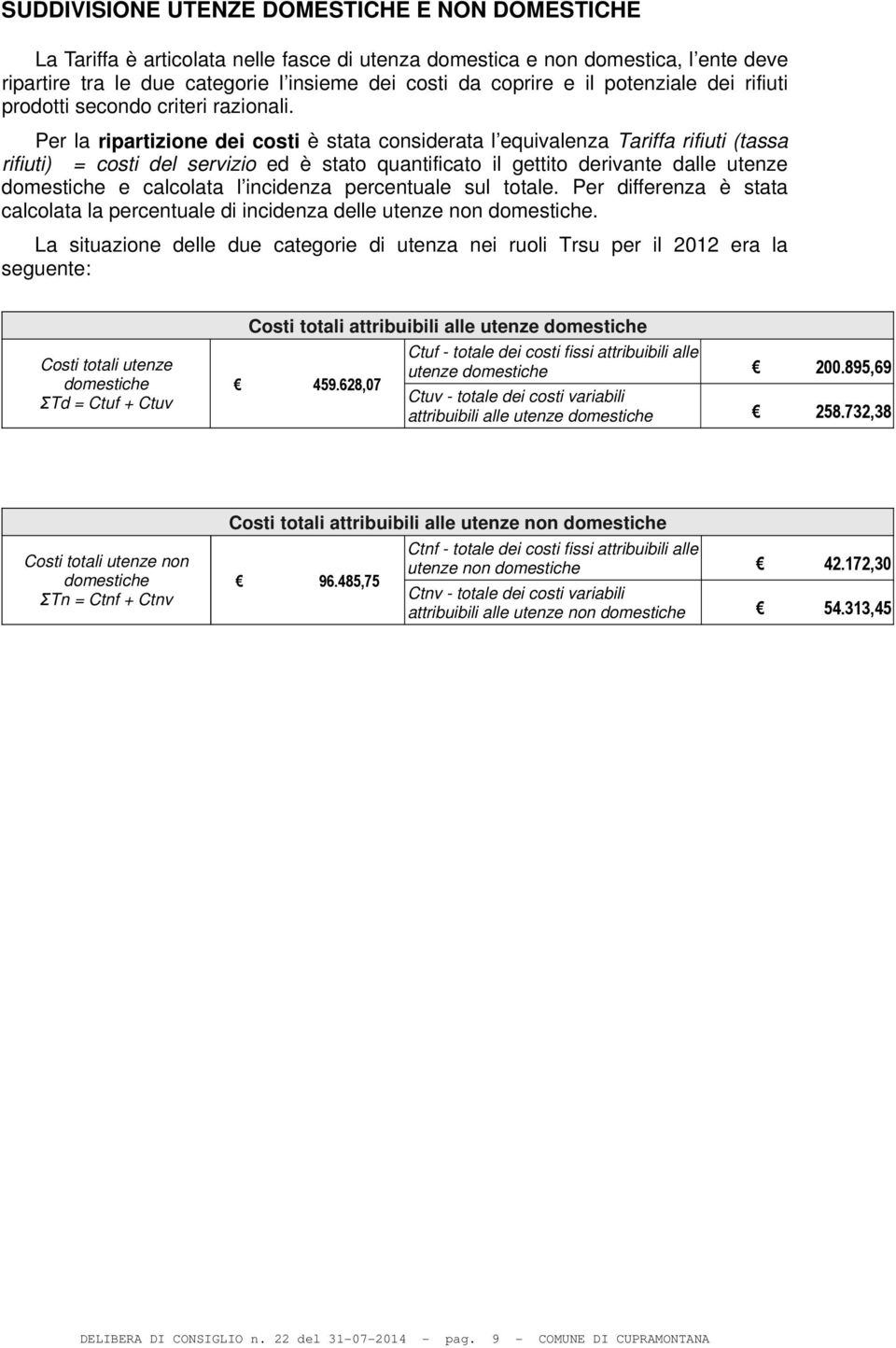 Per la ripartizione dei costi è stata considerata l equivalenza Tariffa rifiuti (tassa rifiuti) = costi del servizio ed è stato quantificato il gettito derivante dalle utenze e calcolata l incidenza