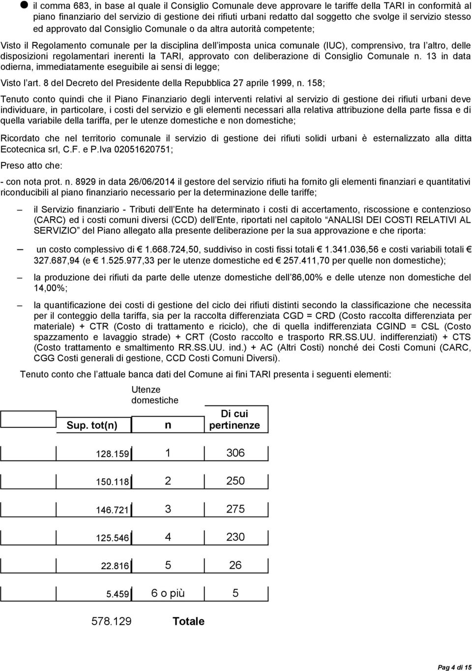 altro, delle disposizioni regolamentari inerenti la TARI, approvato con deliberazione di Consiglio Comunale n. 13 in data odierna, immediatamente eseguibile ai sensi di legge; Visto l art.