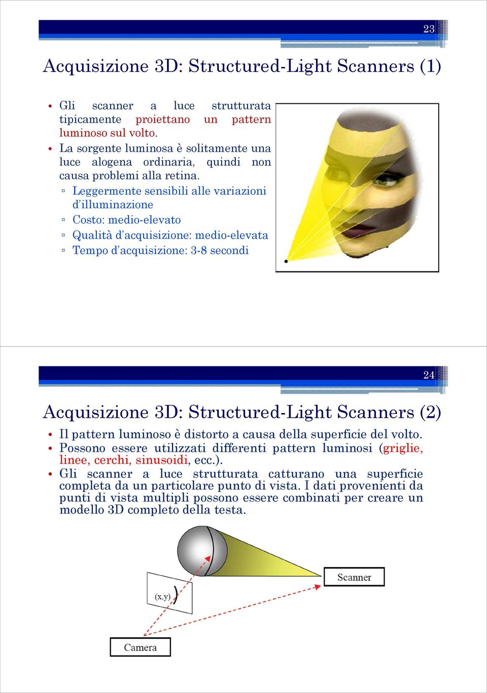 Leggermente sensibili alle variazioni d illuminazione Costo: medio-elevato Qualità d acquisizione: medio-elevata Tempo d acquisizione: 3-8 secondi 24 Acquisizione 3D: Structured-Light Scanners (2) Il