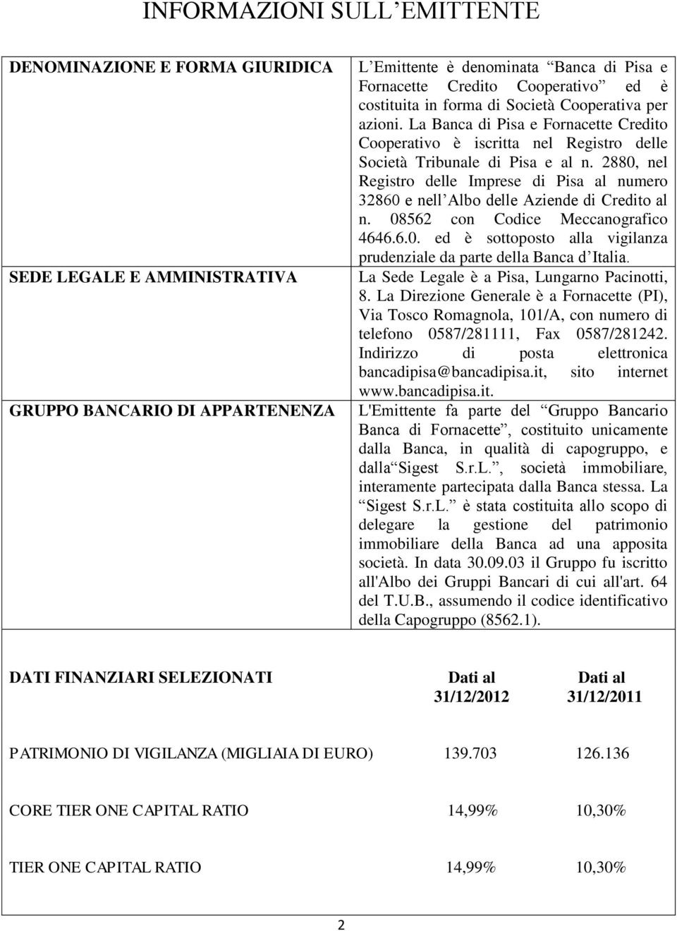 2880, nel Registro delle Imprese di Pisa al numero 32860 e nell Albo delle Aziende di Credito al n. 08562 con Codice Meccanografico 4646.6.0. ed è sottoposto alla vigilanza prudenziale da parte della Banca d Italia.