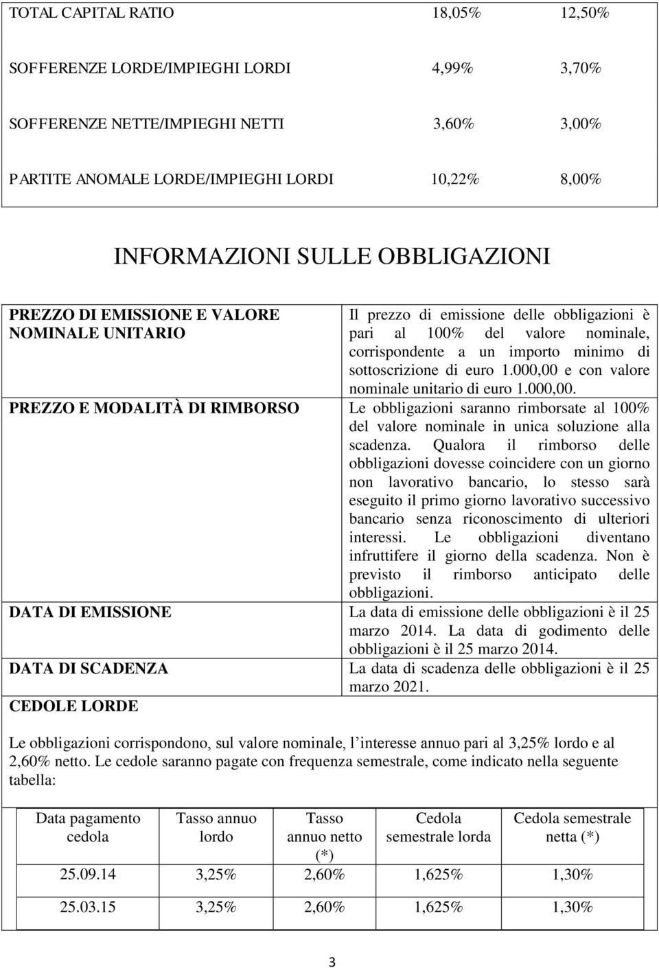 1.000,00 e con valore nominale unitario di euro 1.000,00. PREZZO E MODALITÀ DI RIMBORSO Le obbligazioni saranno rimborsate al 100% del valore nominale in unica soluzione alla scadenza.