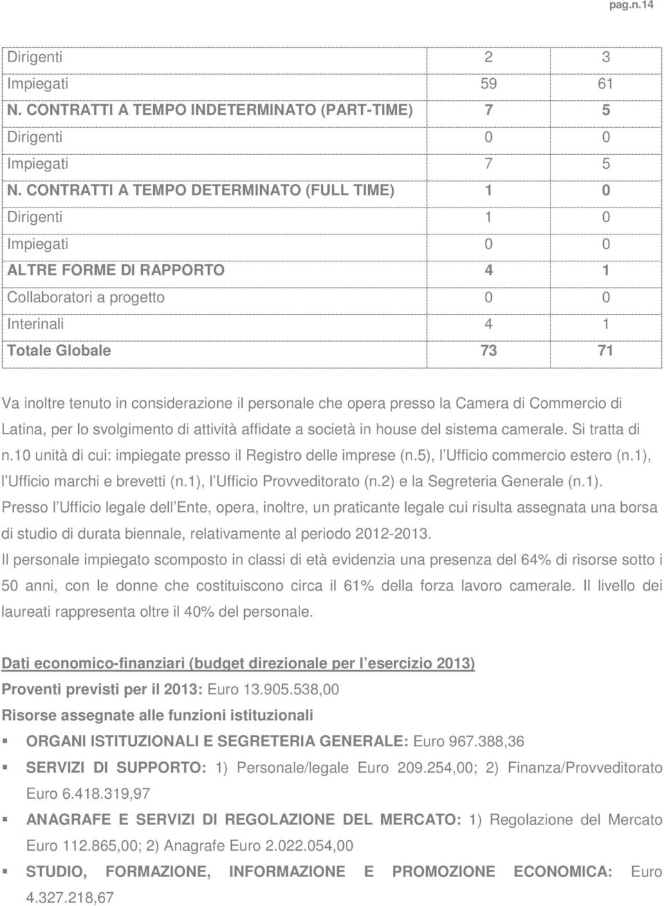 considerazione il personale che opera presso la Camera di Commercio di Latina, per lo svolgimento di attività affidate a società in house del sistema camerale. Si tratta di n.