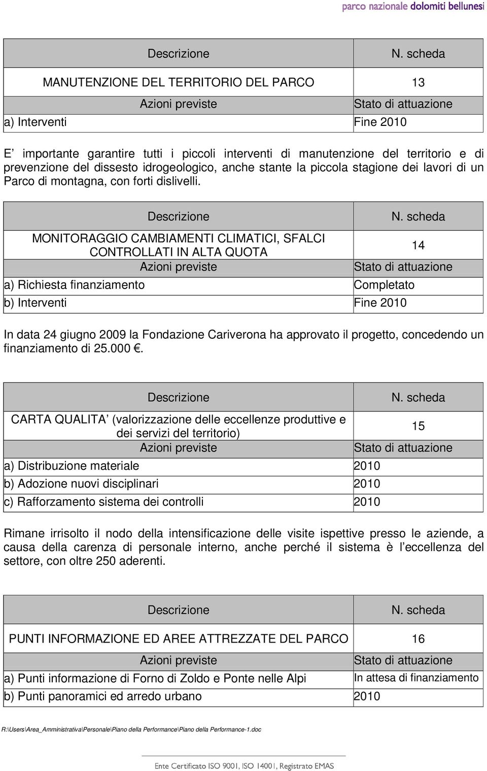 MONITORAGGIO CAMBIAMENTI CLIMATICI, SFALCI CONTROLLATI IN ALTA QUOTA 14 a) Richiesta finanziamento Completato b) Interventi Fine 2010 In data 24 giugno 2009 la Fondazione Cariverona ha approvato il