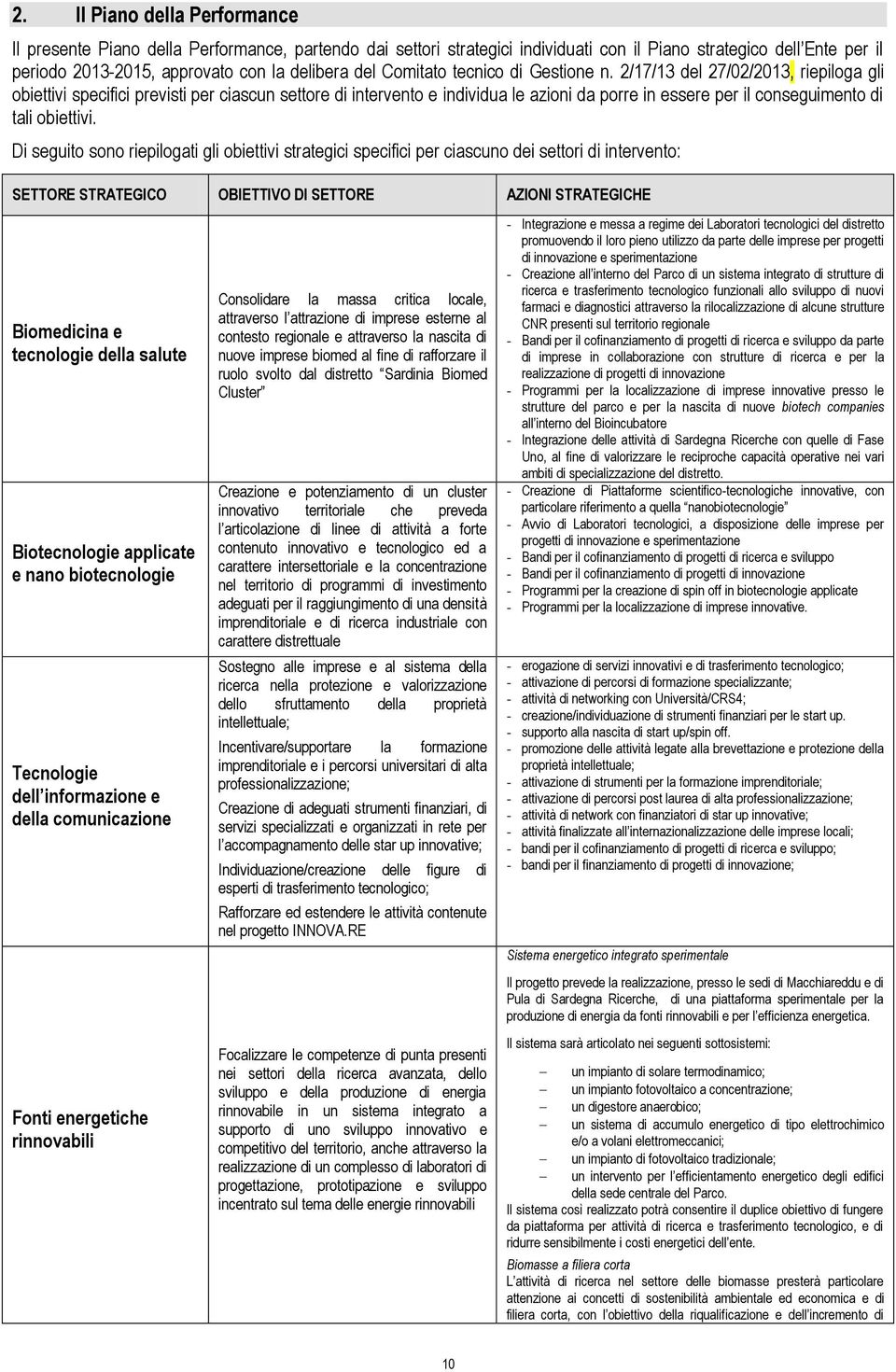 2/17/13 del 27/02/2013, riepiloga gli obiettivi specifici previsti per ciascun settore di intervento e individua le azioni da porre in essere per il conseguimento di tali obiettivi.