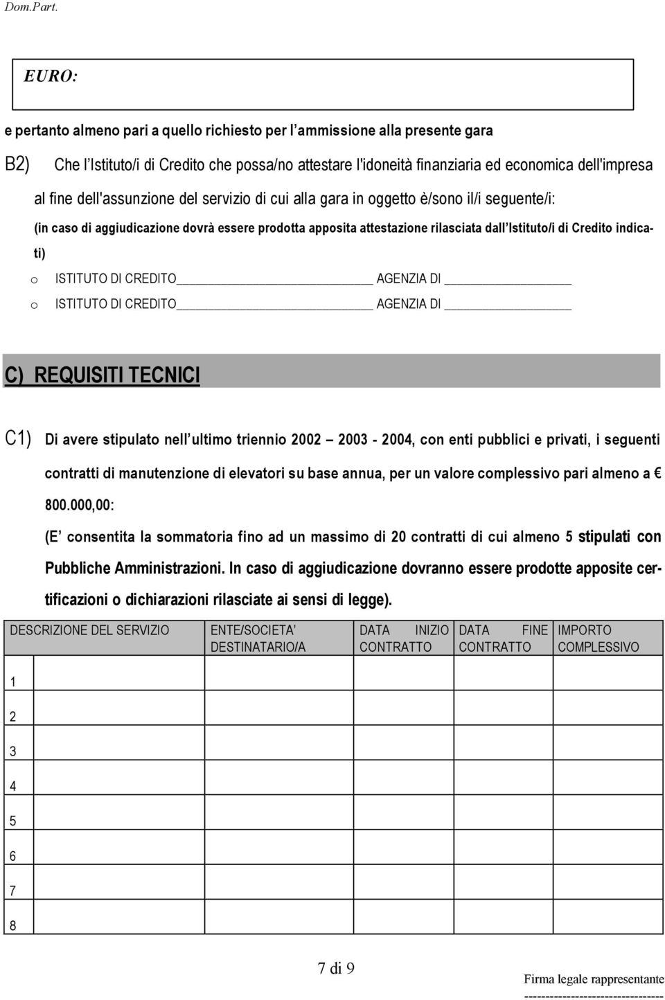 o o ISTITUTO DI CREDITO AGENZIA DI ISTITUTO DI CREDITO AGENZIA DI C) REQUISITI TECNICI C1) Di avere stipulato nell ultimo triennio 2002 2003-2004, con enti pubblici e privati, i seguenti contratti di