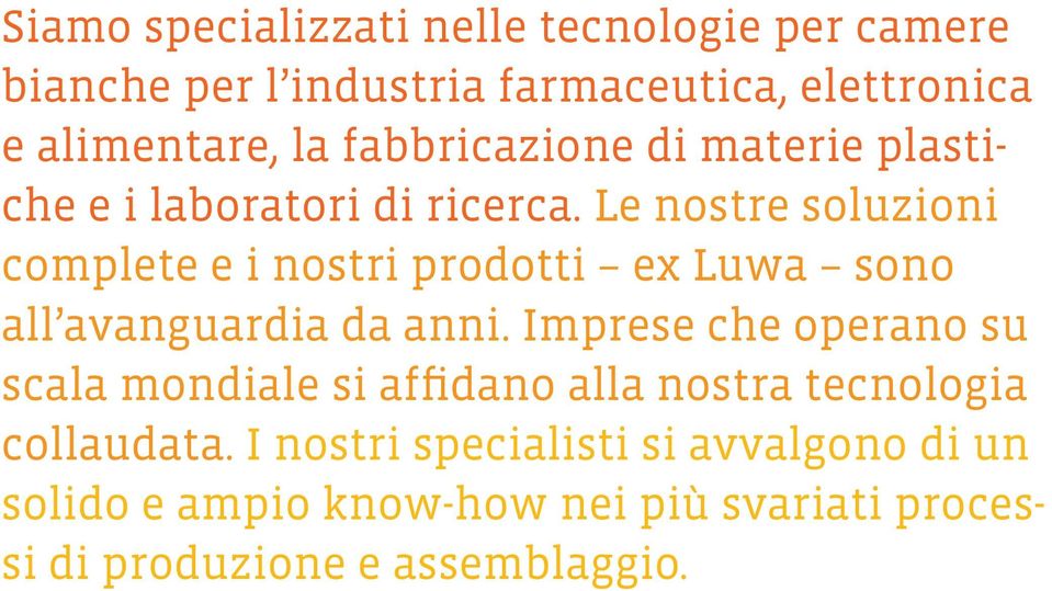 Le nostre soluzioni complete e i nostri prodotti ex Luwa sono all avanguardia da anni.