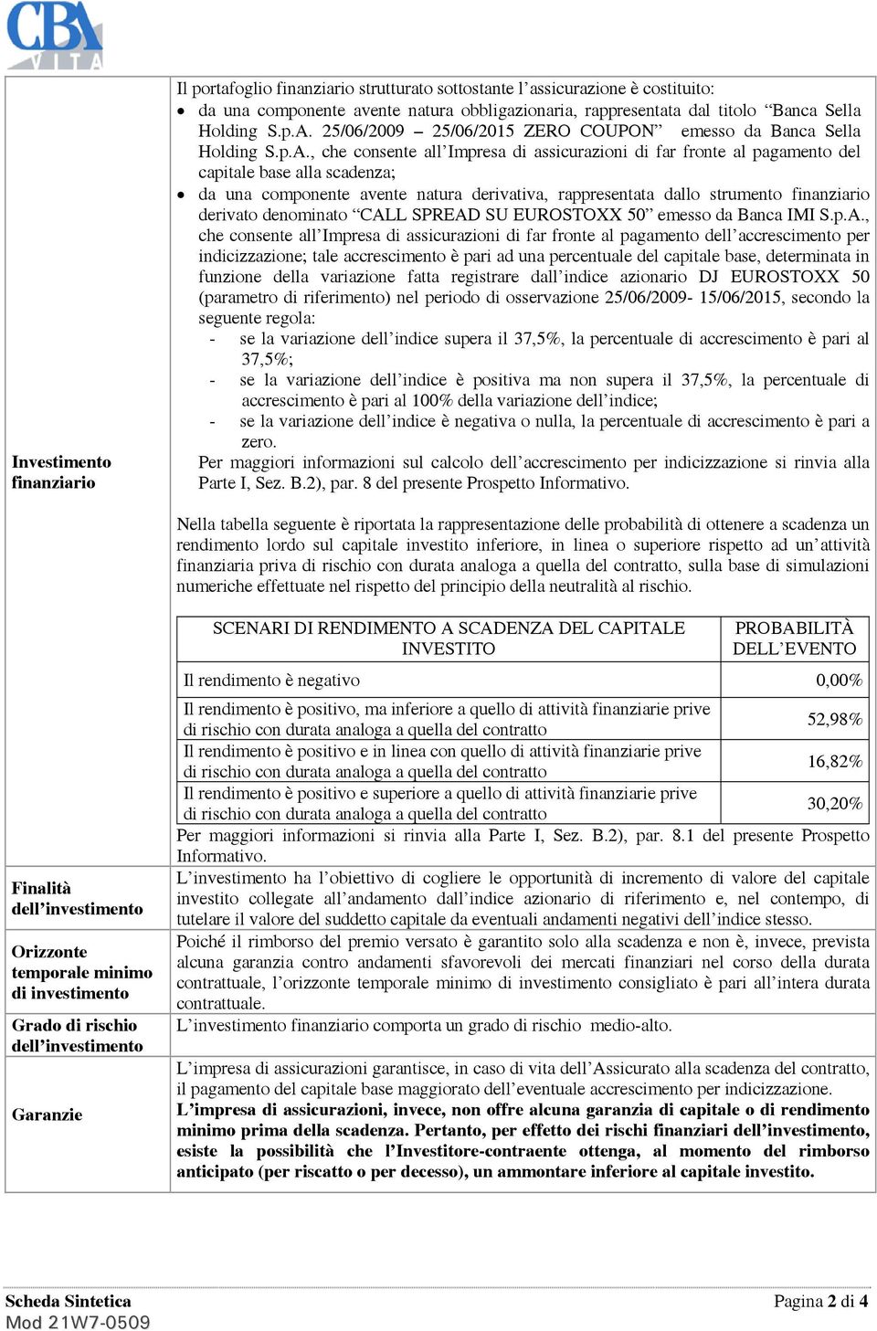 25/06/2009 25/06/2015 ZERO COUPON emesso da Banca Sella Holding , che consente all Impresa di assicurazioni di far fronte al pagamento del capitale base alla scadenza; da una componente avente natura