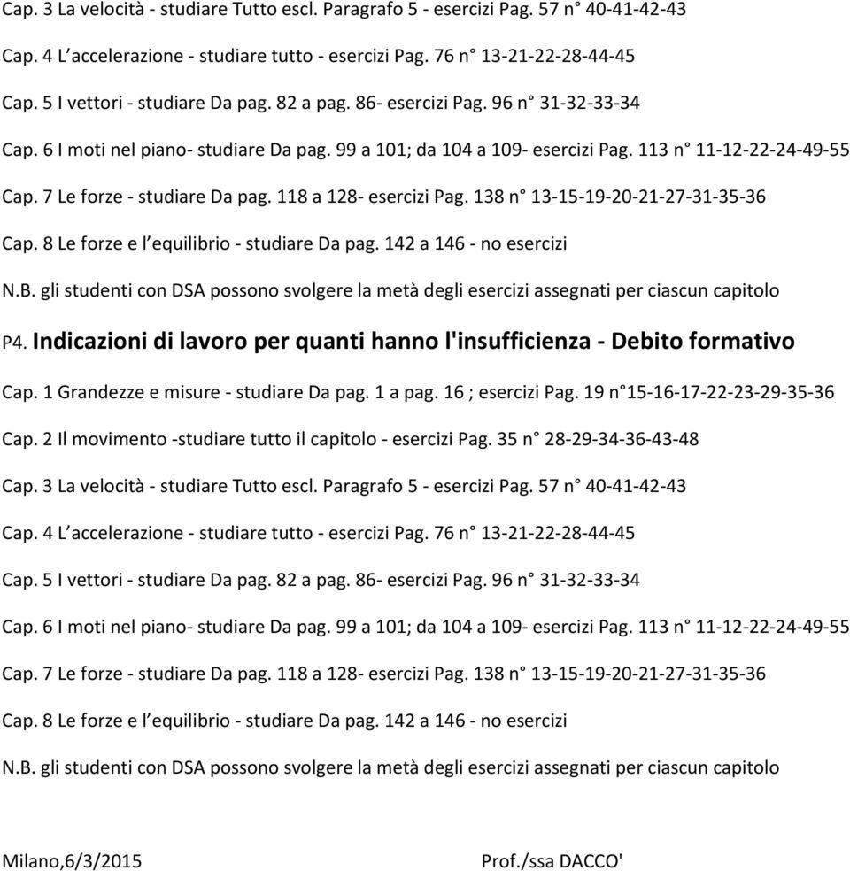 118 a 128 esercizi Pag. 138 n 13 15 19 20 21 27 31 35 36 Cap. 8 Le forze e l equilibrio studiare Da pag. 142 a 146 no esercizi N.B.