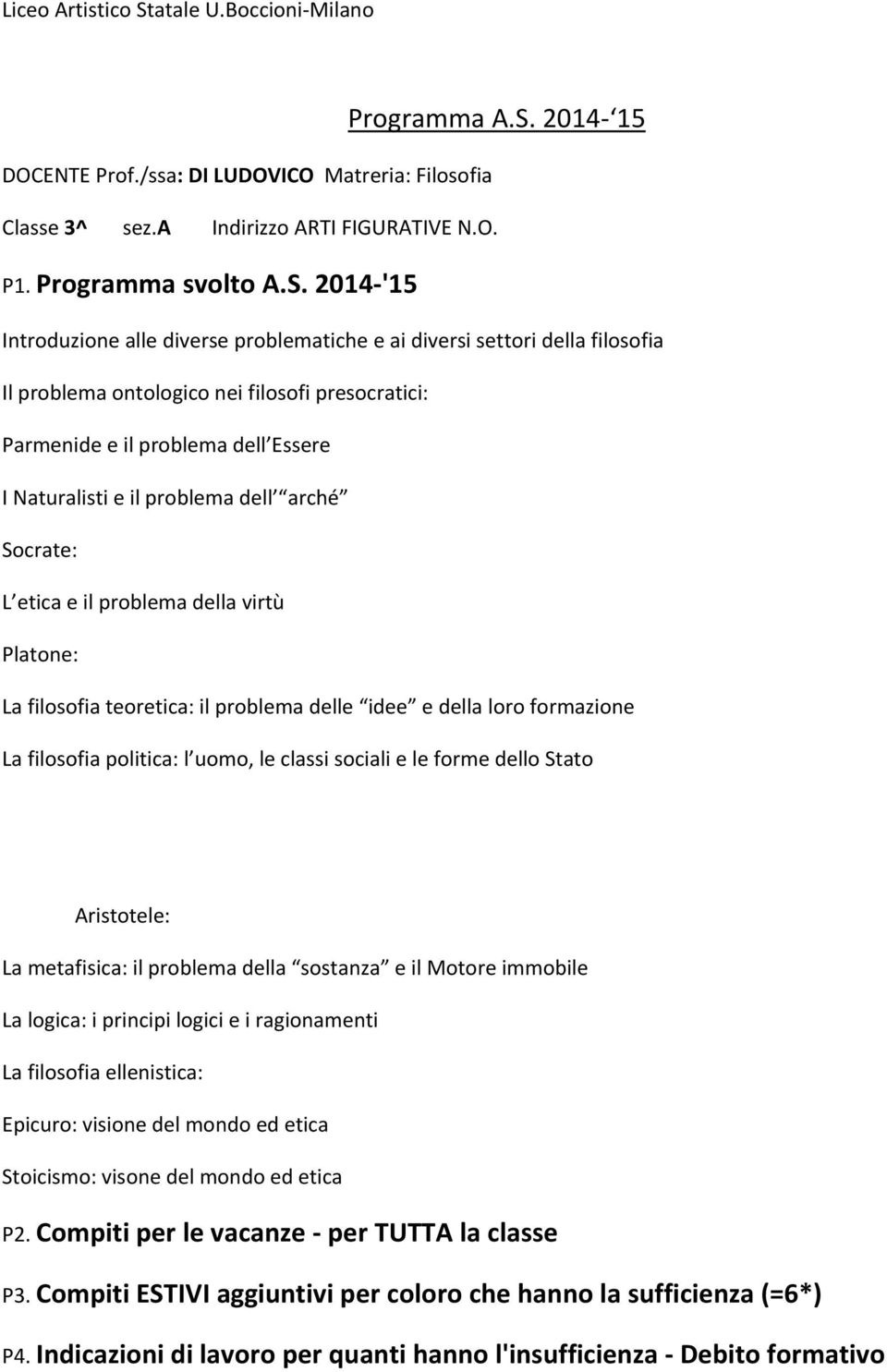 2014 15 DOCENTE Prof./ssa: DI LUDOVICO Matreria: Filosofia Classe 3^ sez.a Indirizzo ARTI FIGURATIVE N.O. P1. Programma svolto A.S.