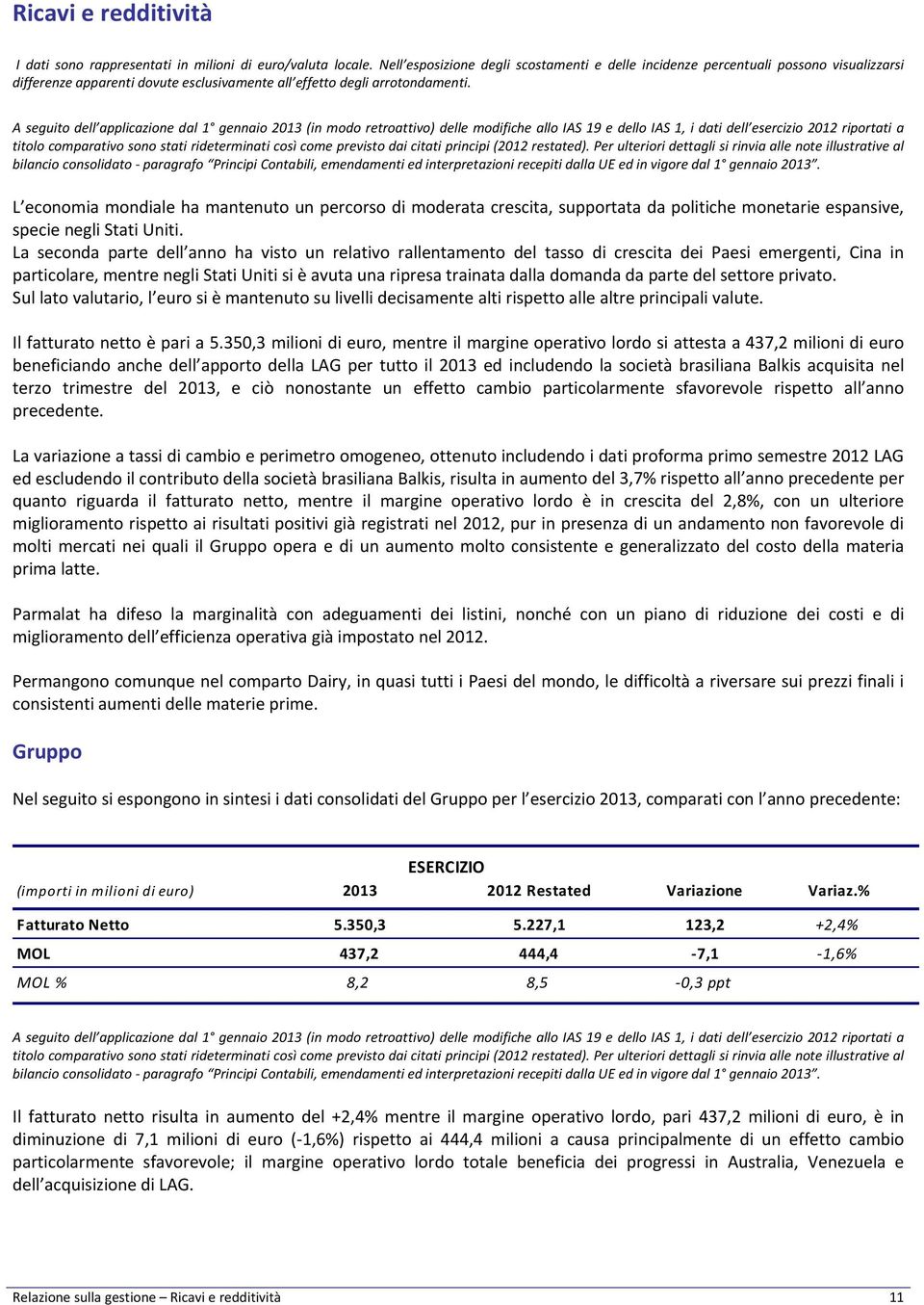 A seguito dell applicazione dal 1 gennaio 2013 (in modo retroattivo) delle modifiche allo IAS 19 e dello IAS 1, i dati dell esercizio 2012 riportati a titolo comparativo sono stati rideterminati così