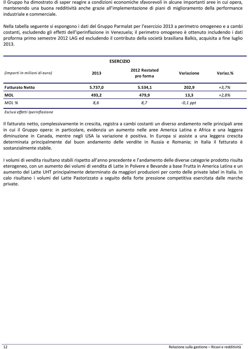 Nella tabella seguente si espongono i dati del Gruppo Parmalat per l esercizio 2013 a perimetro omogeneo e a cambi costanti, escludendo gli effetti dell iperinflazione in Venezuela; il perimetro