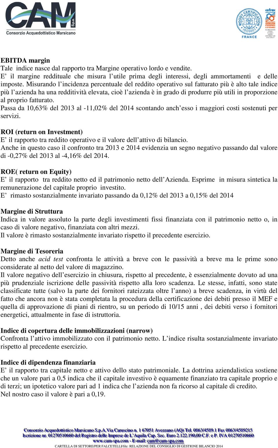 al proprio fatturato. Passa da 10,63% del 2013 al -11,02% del 2014 scontando anch esso i maggiori costi sostenuti per servizi.