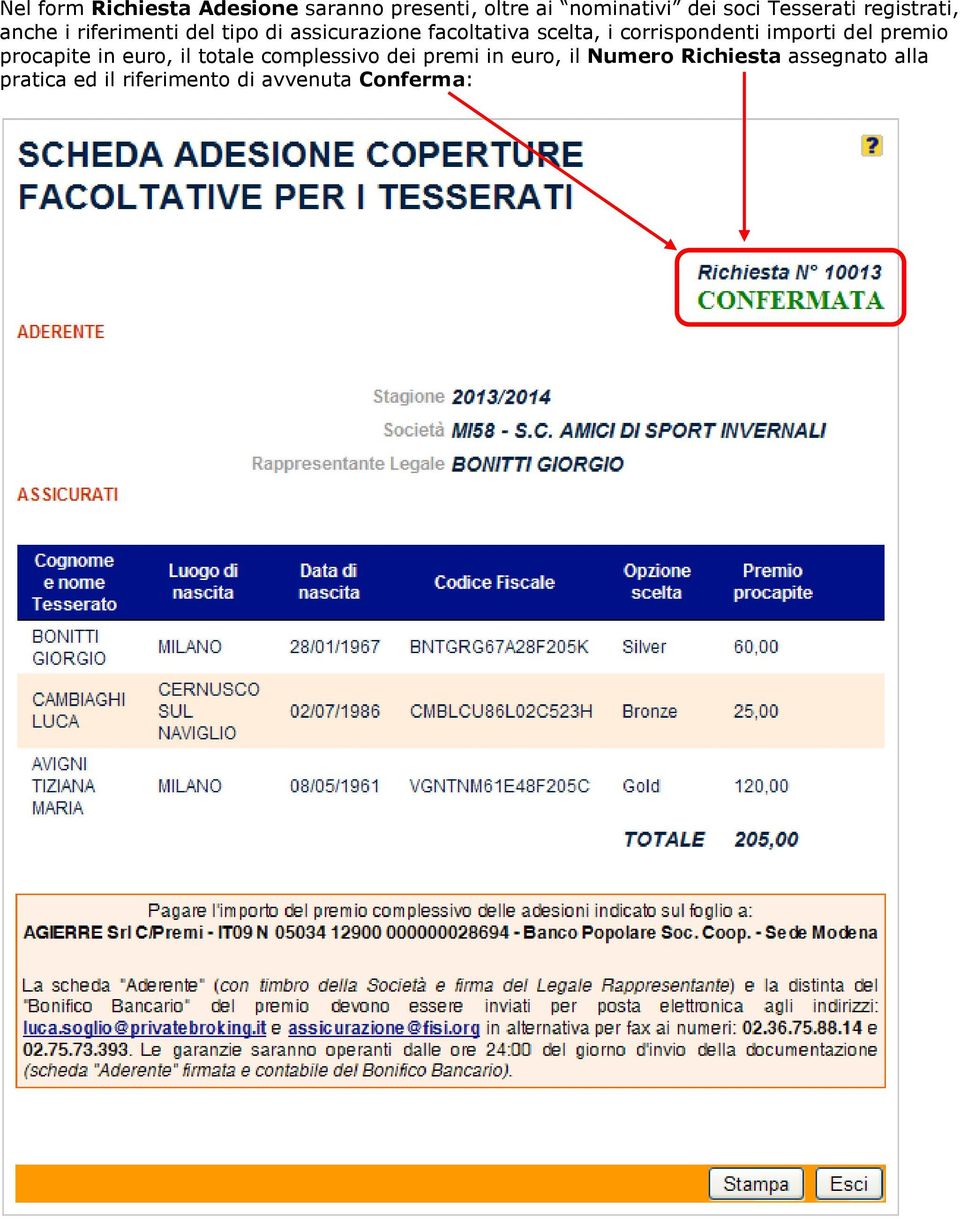 corrispondenti importi del premio procapite in euro, il totale complessivo dei premi