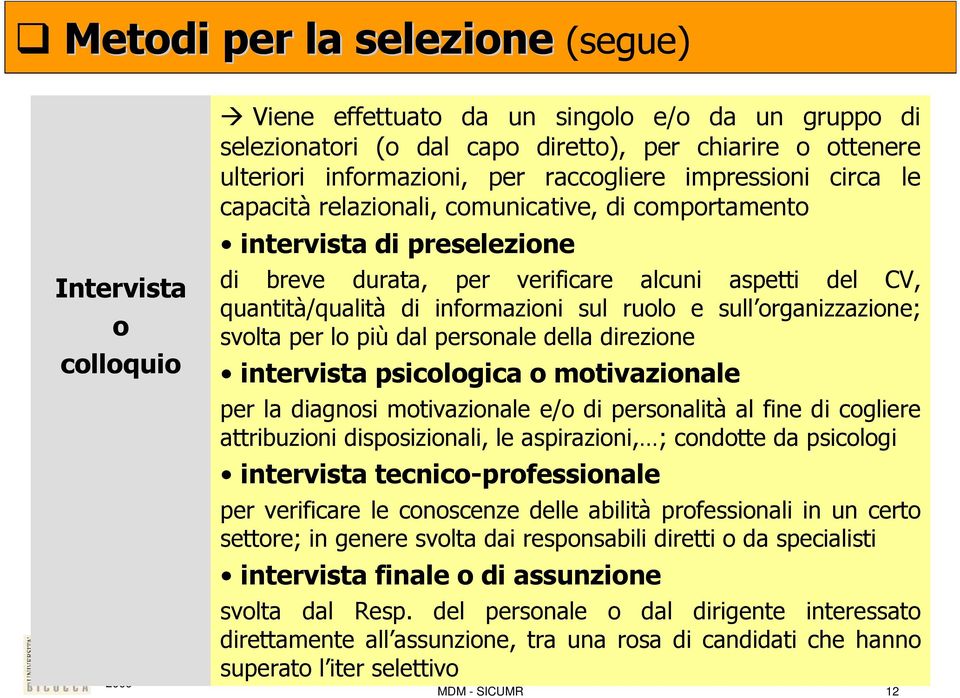 informazioni sul ruolo e sull organizzazione; svolta per lo più dal personale della direzione intervista psicologica o motivazionale per la diagnosi motivazionale e/o di personalità al fine di