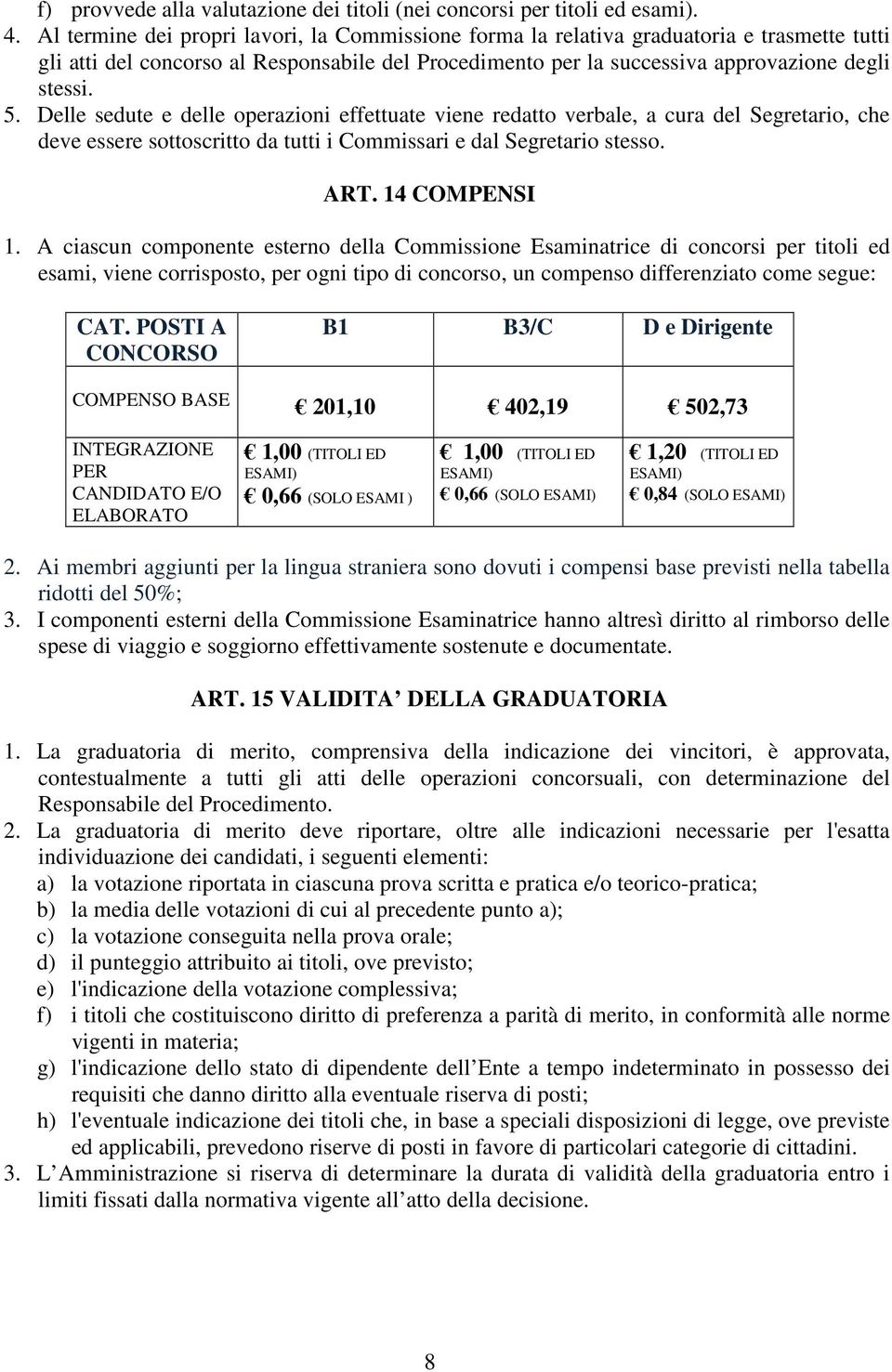 Delle sedute e delle operazioni effettuate viene redatto verbale, a cura del Segretario, che deve essere sottoscritto da tutti i Commissari e dal Segretario stesso. ART. 14 COMPENSI 1.