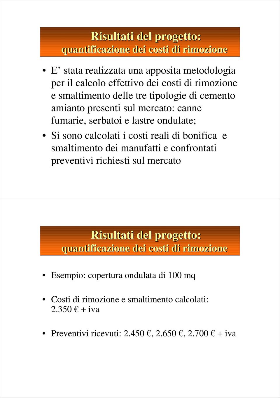 costi reali di bonifica e smaltimento dei manufatti e confrontati preventivi richiesti sul mercato quantificazione dei costi di