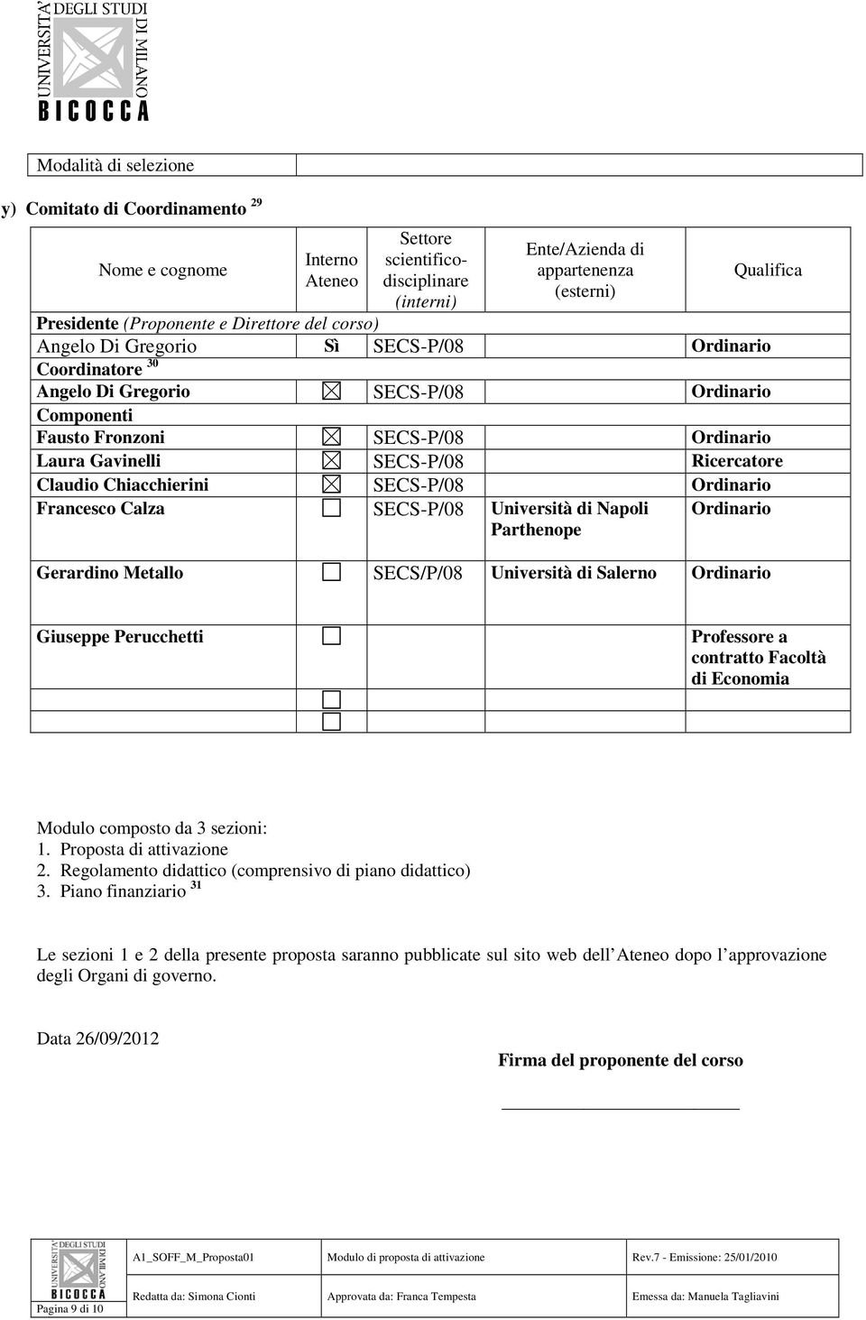 Ricercatore Claudio Chiacchierini SECS-P/08 Ordinario Francesco Calza SECS-P/08 Università di Napoli Parthenope Ordinario Gerardino Metallo SECS/P/08 Università di Salerno Ordinario Giuseppe