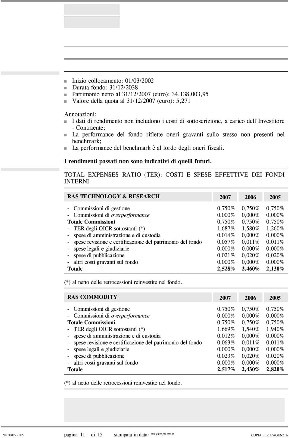 al lordo degli oneri fiscali I rendimenti passati non sono indicativi di quelli futuri TOTAL EXPENSES RATIO (TER): COSTI E SPESE EFFETTIVE DEI FONDI INTERNI RAS TECHNOLOGY & RESEARCH 2007 2006 2005 -