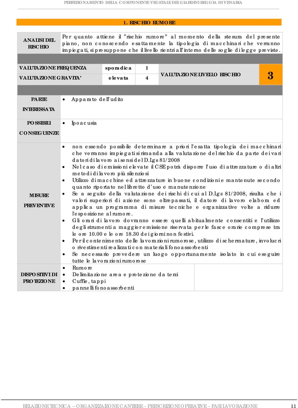 VALUTAZIONE FREQUENZA sporadica 1 VALUTAZIONE GRAVITA elevata 4 VALUTAZIONE LIVELLO RISCHIO 3 PARTE INTERESSATA POSSIBILI CONSEGUENZE MISURE PREVENTIVE DISPOSITIVI DI PROTEZIONE Apparato dell udito