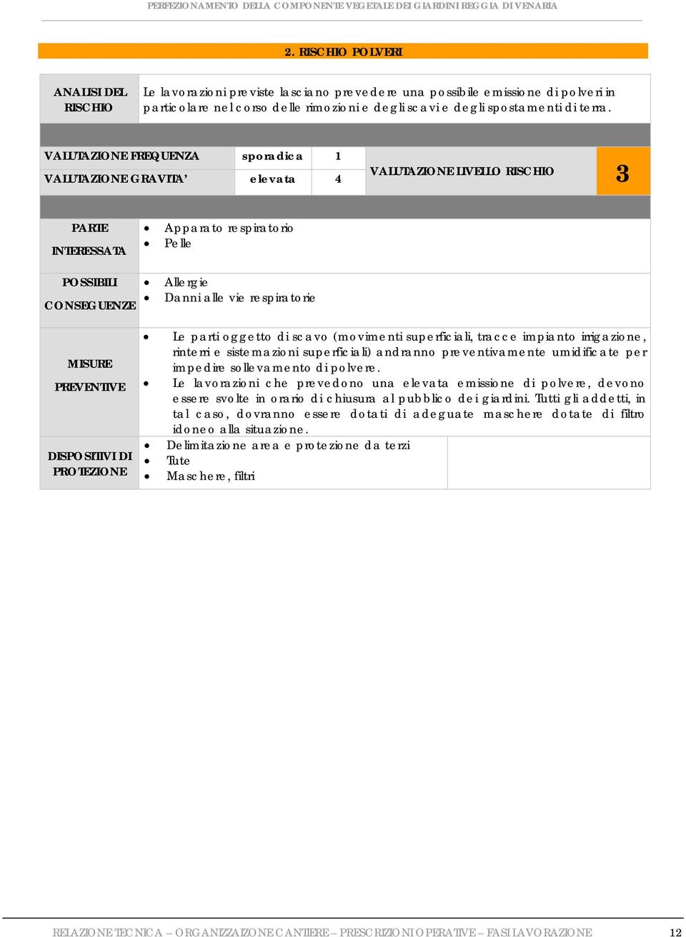 VALUTAZIONE FREQUENZA sporadica 1 VALUTAZIONE GRAVITA elevata 4 VALUTAZIONE LIVELLO RISCHIO 3 PARTE INTERESSATA POSSIBILI CONSEGUENZE MISURE PREVENTIVE DISPOSITIVI DI PROTEZIONE Apparato respiratorio