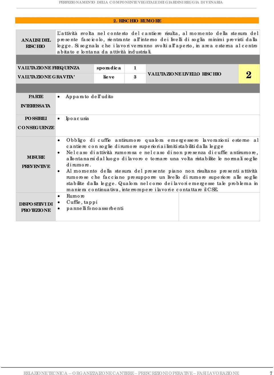 VALUTAZIONE FREQUENZA sporadica 1 VALUTAZIONE GRAVITA lieve 3 VALUTAZIONE LIVELLO RISCHIO 2 PARTE INTERESSATA POSSIBILI CONSEGUENZE MISURE PREVENTIVE DISPOSITIVI DI PROTEZIONE Apparato dell udito