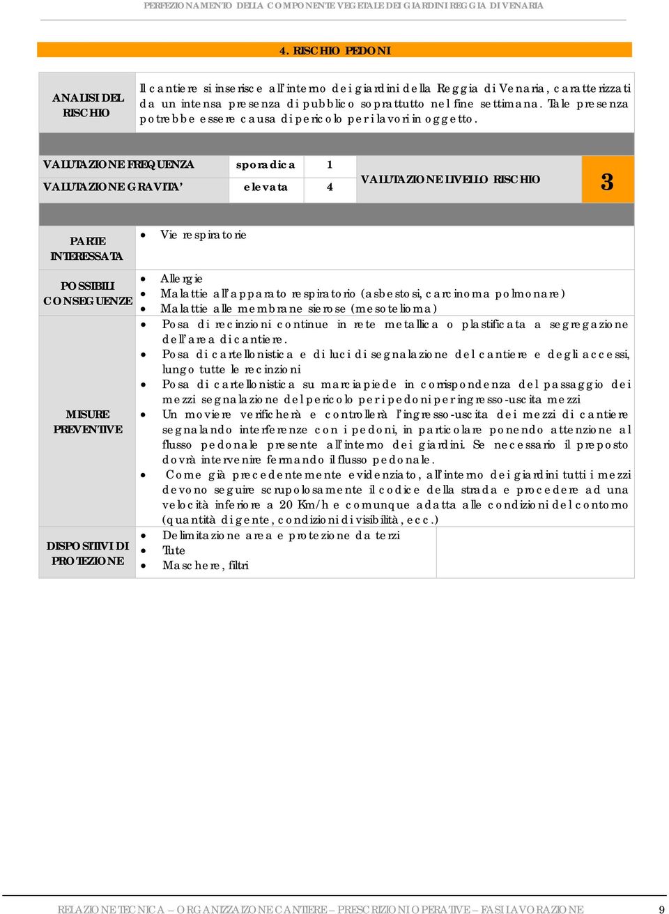 VALUTAZIONE FREQUENZA sporadica 1 VALUTAZIONE GRAVITA elevata 4 VALUTAZIONE LIVELLO RISCHIO 3 PARTE INTERESSATA POSSIBILI CONSEGUENZE MISURE PREVENTIVE DISPOSITIVI DI PROTEZIONE Vie respiratorie