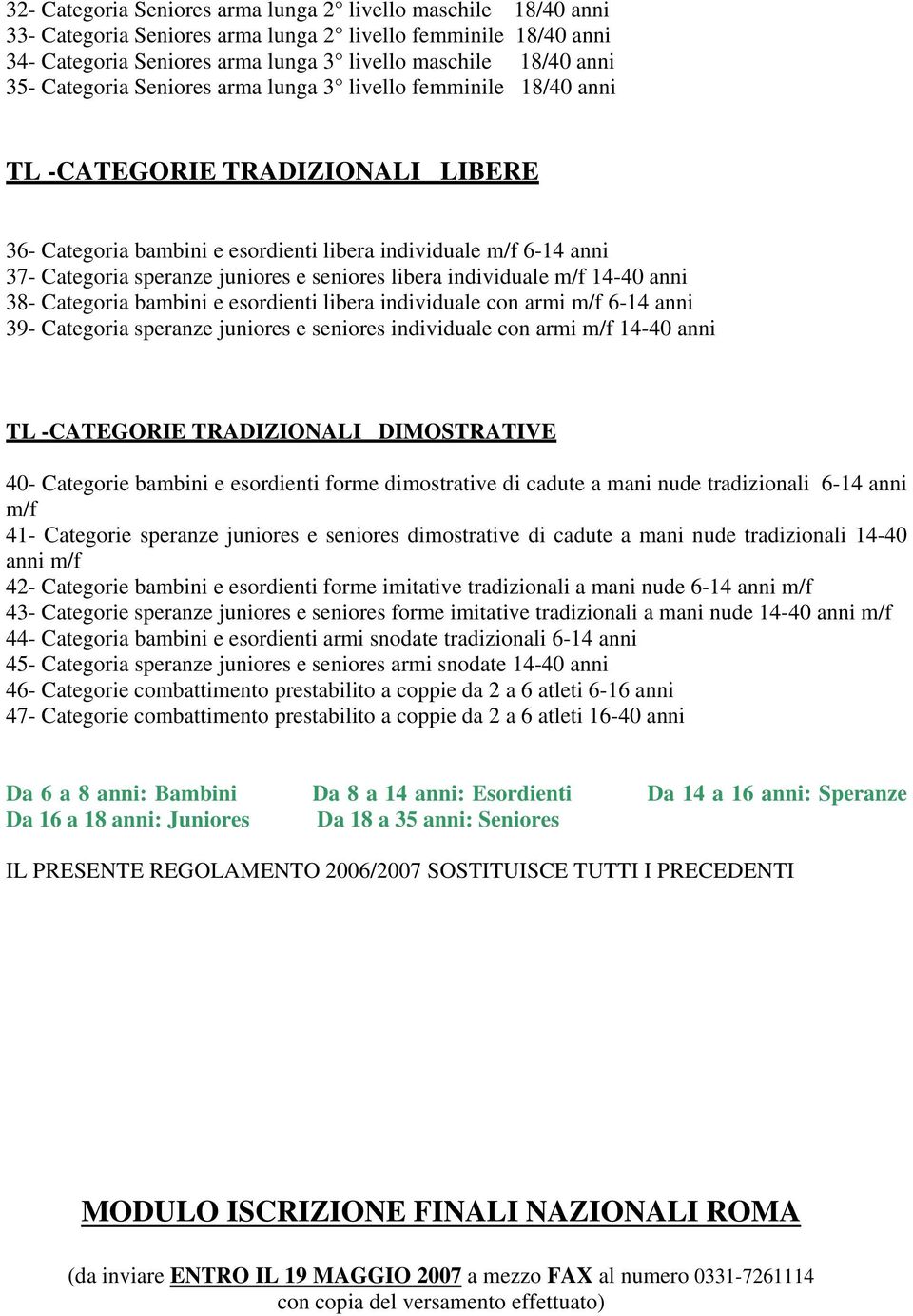 seniores libera individuale m/f 14-40 anni 38- Categoria bambini e esordienti libera individuale con armi m/f 6-14 anni 39- Categoria speranze juniores e seniores individuale con armi m/f 14-40 anni