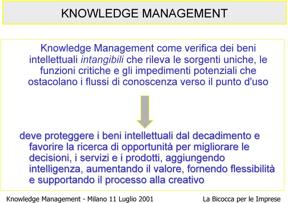 deve proteggere i beni intellettuali dal decadimento e favorire la ricerca di opportunità per migliorare le decisioni, i