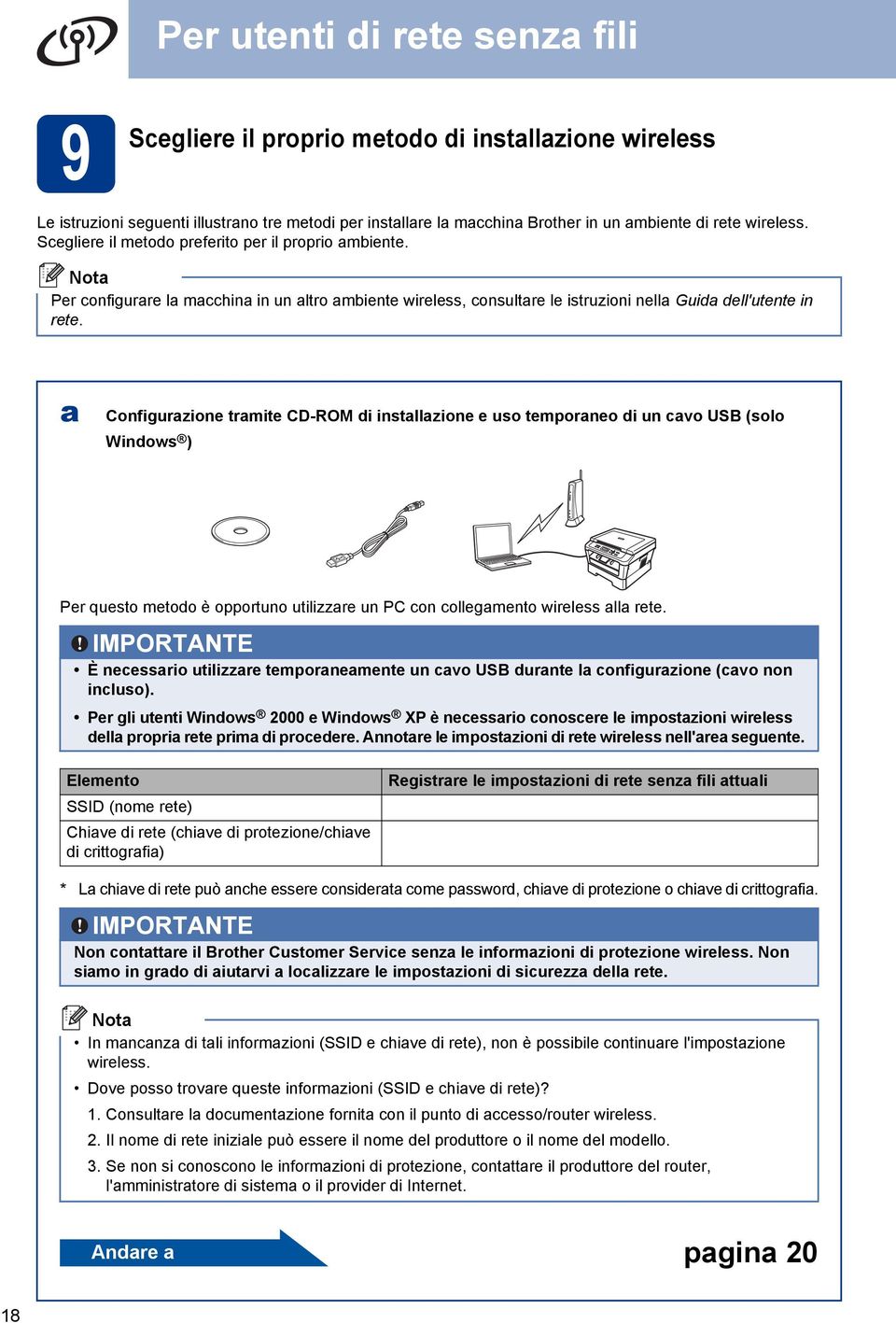 Configurzione trmite CD-ROM di instllzione e uso temporneo di un cvo USB (solo Windows ) Per questo metodo è opportuno utilizzre un PC con collegmento wireless ll rete.