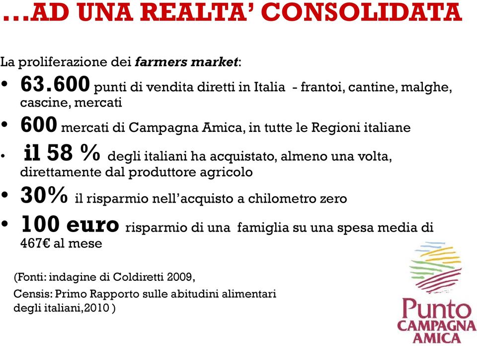 Regioni italiane il 58 % degli italiani ha acquistato, almeno una volta, direttamente dal produttore agricolo 30% il risparmio nell