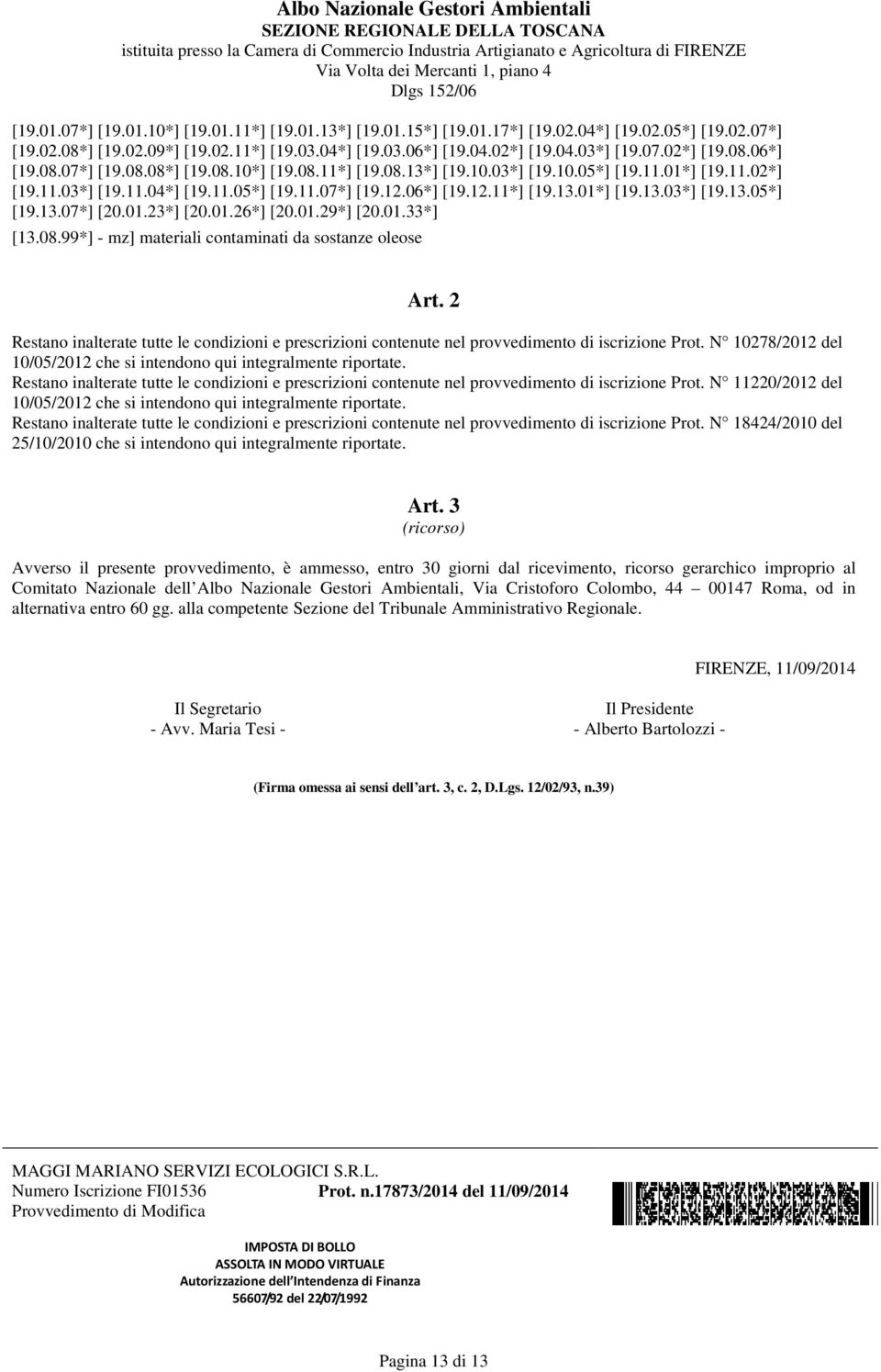 99*] - mz] materiali contaminati da sostanze oleose Art. 2 Restano inalterate tutte le condizioni e prescrizioni contenute nel provvedimento di iscrizione Prot.