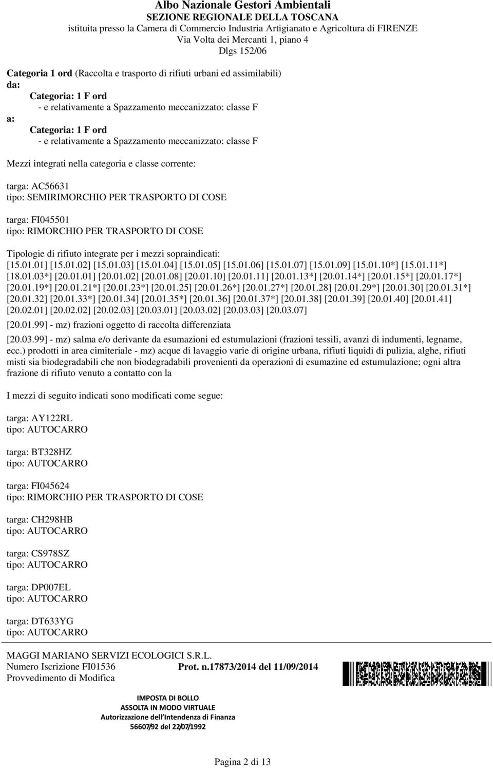 Tipologie di rifiuto integrate per i mezzi sopraindicati: [15.01.01] [15.01.02] [15.01.03] [15.01.04] [15.01.05] [15.01.06] [15.01.07] [15.01.09] [15.01.10*] [15.01.11*] [18.01.03*] [20.01.01] [20.01.02] [20.