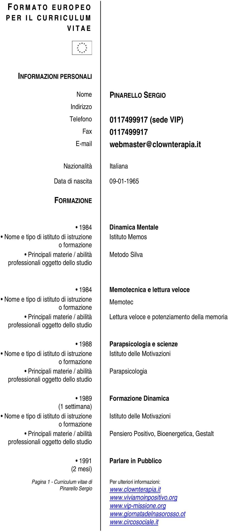 it Nazionalità Italiana Data di nascita 09-01-1965 FORMAZIONE 1984 Dinamica Mentale Istituto Memos Metodo Silva 1984 1988 1989 (1 settimana) 1991 (2