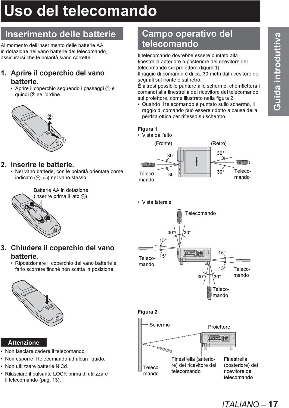 $ Campo operativo del telecomando Il telecomando dovrebbe essere puntato alla finestrella anteriore o posteriore del ricevitore del telecomando sul proiettore (figura 1). Il raggio di comando è di ca.