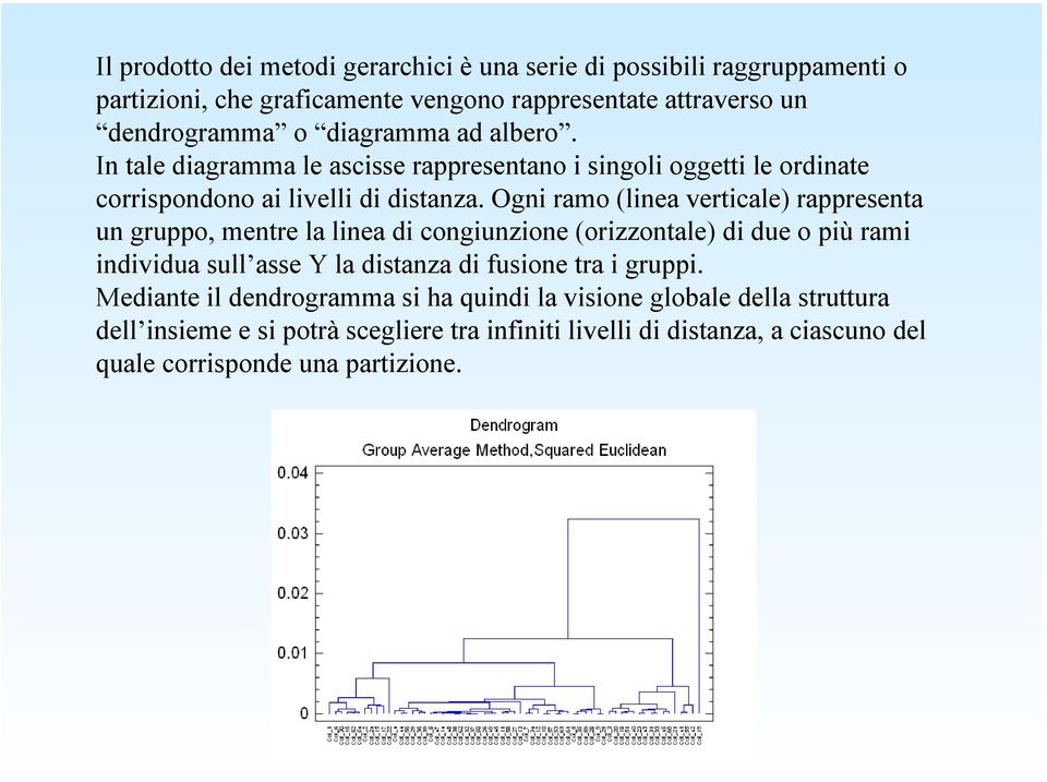 Ogni ramo (linea verticale) rappresenta un gruppo, mentre la linea di congiunzione (orizzontale) di due o più rami individua sull asse Y la distanza di fusione