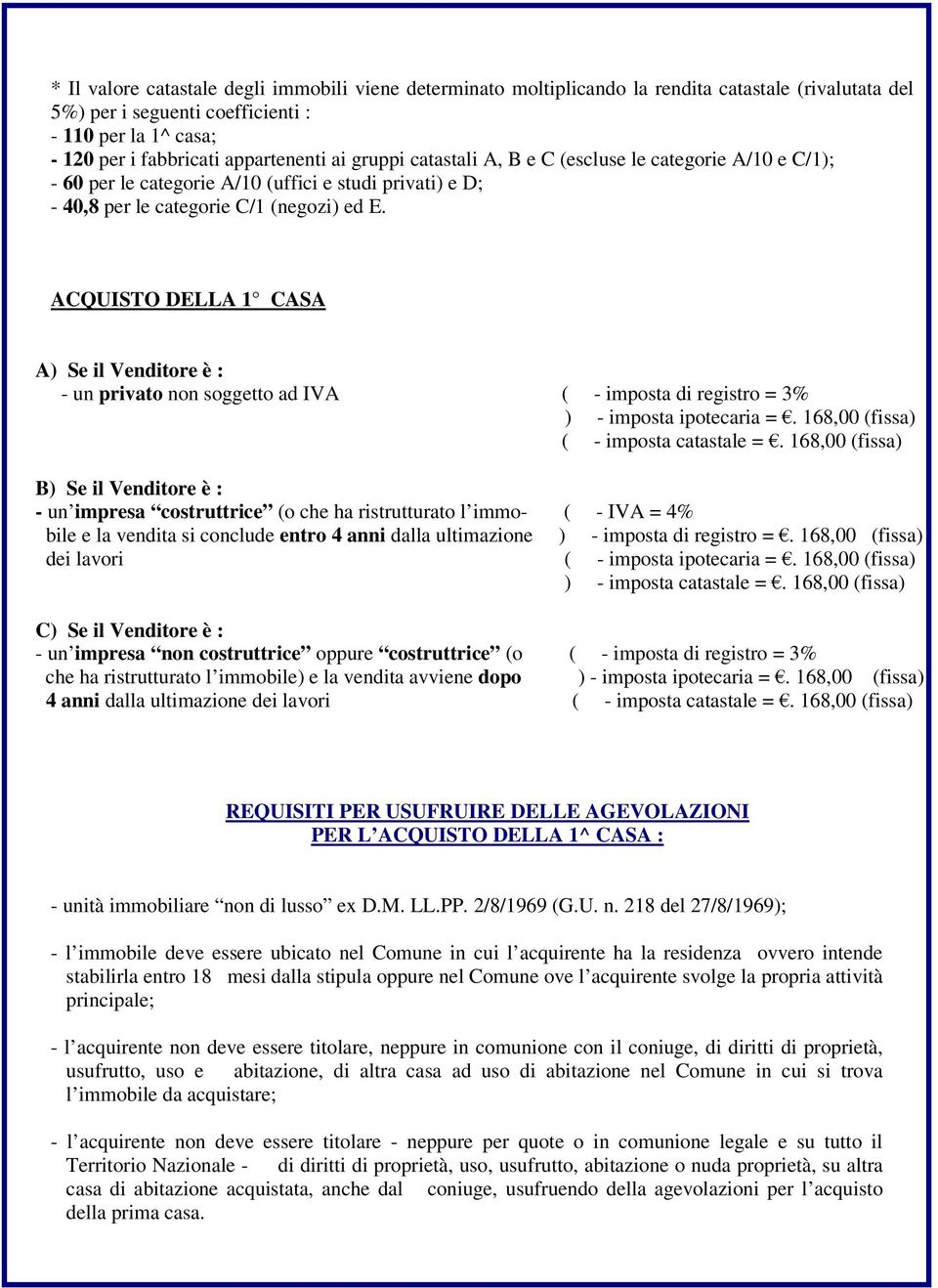 ACQUISTO DELLA 1 CASA A) Se il Venditore è : - un privato non soggetto ad IVA ( - imposta di registro = 3% ) - imposta ipotecaria =. 168,00 (fissa) ( - imposta catastale =.