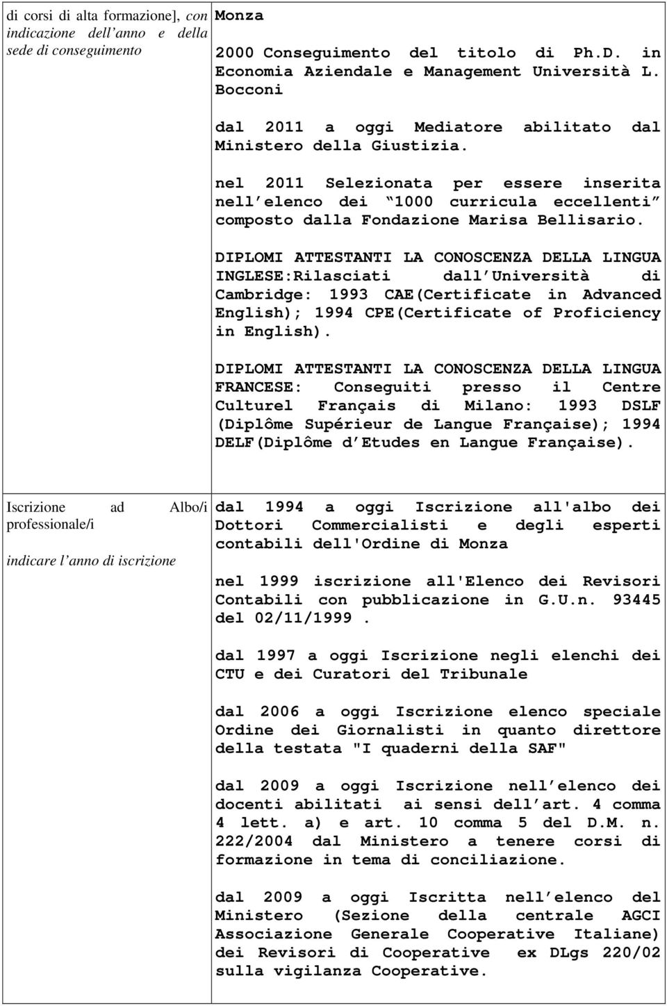 nel 2011 Selezionata per essere inserita nell elenco dei 1000 curricula eccellenti composto dalla Fondazione Marisa Bellisario.