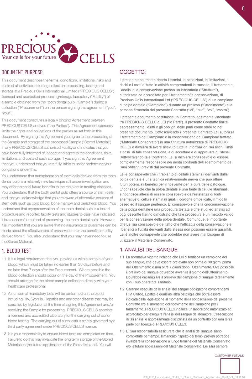 Procurement ) on the person signing this agreement ( you, your ). This document constitutes a legally binding Agreement between PRECIOUS CELLS and you ( the Parties ).