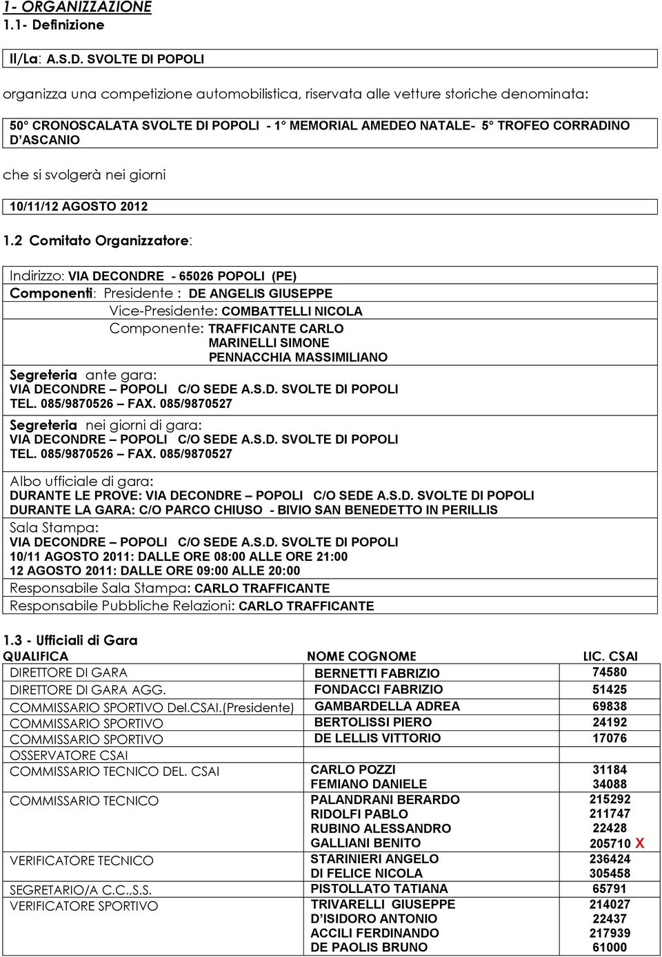 SVOLTE DI POPOLI organizza una competizione automobilistica, riservata alle vetture storiche denominata: 50 CRONOSCALATA SVOLTE DI POPOLI - 1 MEMORIAL AMEDEO NATALE- 5 TROFEO CORRADINO D ASCANIO che