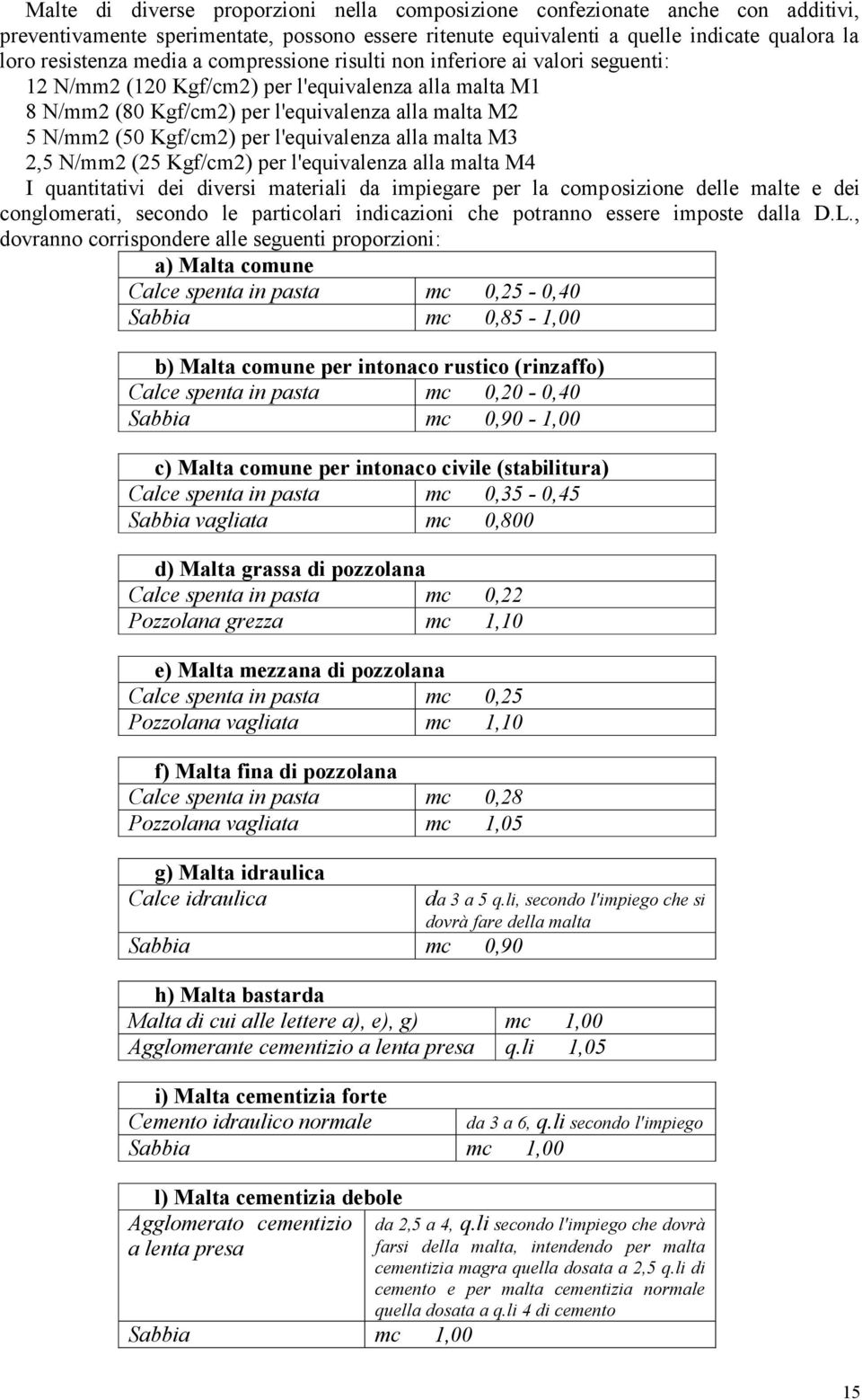 l'equivalenza alla malta M3 2,5 N/mm2 (25 Kgf/cm2) per l'equivalenza alla malta M4 I quantitativi dei diversi materiali da impiegare per la composizione delle malte e dei conglomerati, secondo le