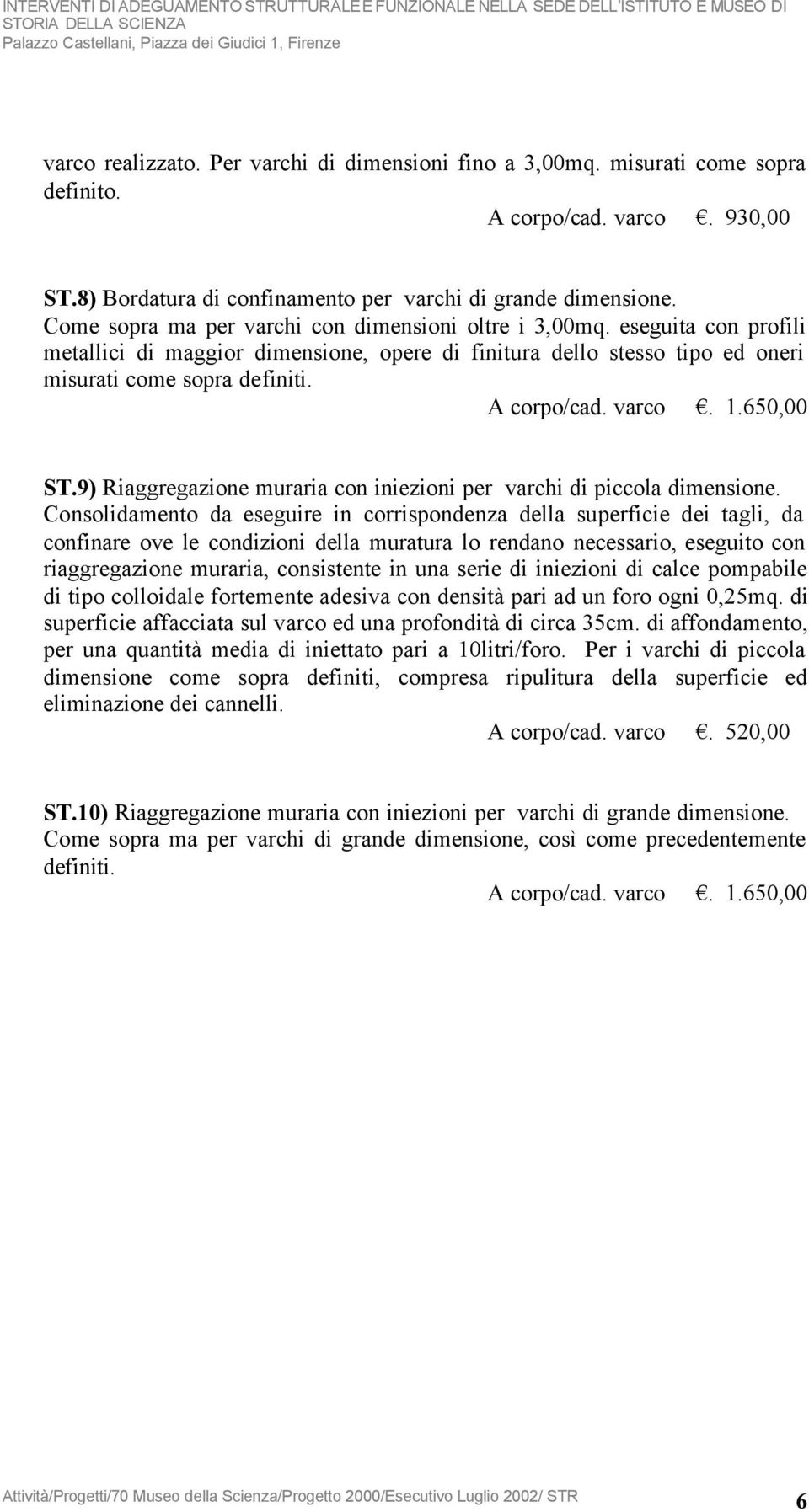 varco. 1.650,00 ST.9) Riaggregazione muraria con iniezioni per varchi di piccola dimensione.