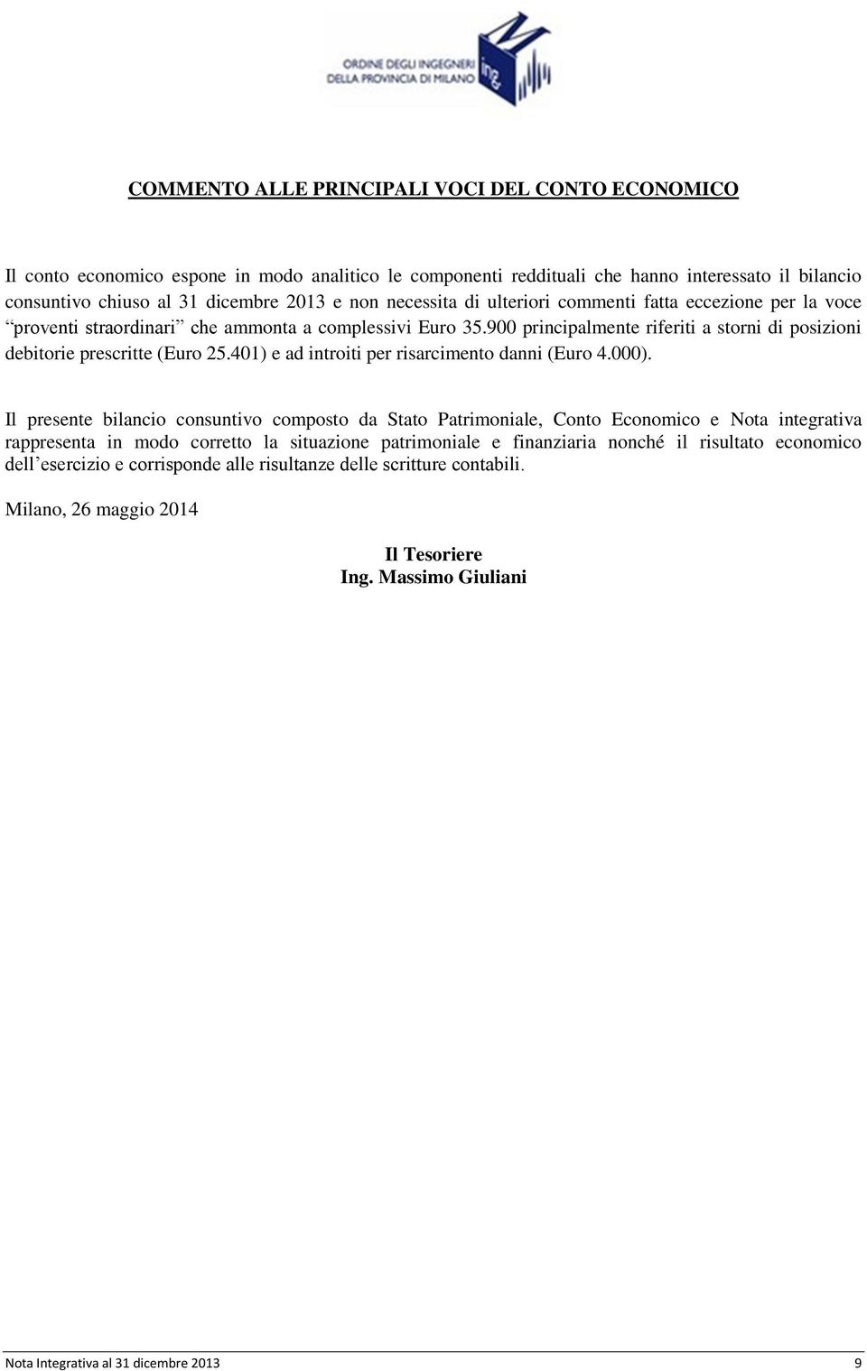 401) e ad introiti per risarcimento danni (Euro 4.000).