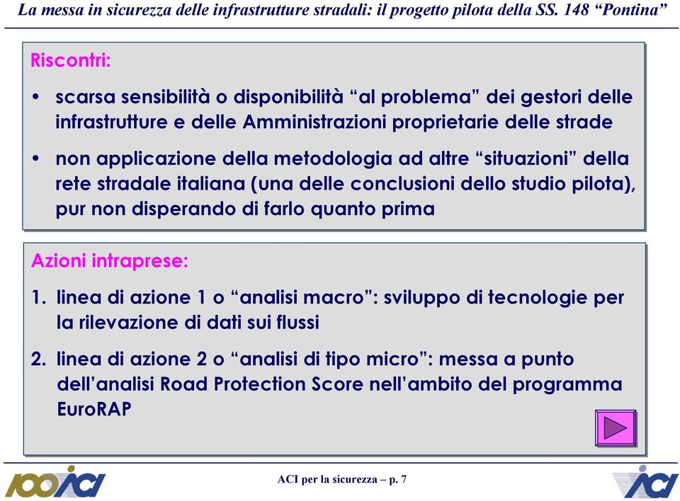 della metodologia ad altre situazioni della rete stradale italiana (una delle conclusioni dello studio pilota), pur non disperando di farlo quanto prima Azioni