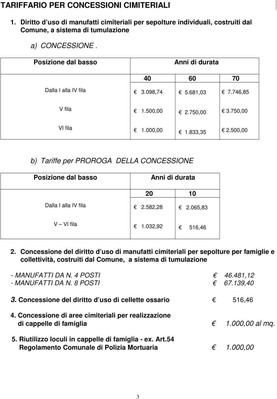 500,00 b) Tariffe per PROROGA DELLA CONCESSIONE Posizione dal basso Anni di durata 20 10 Dalla I alla IV fila 2.582,28 2.065,83 V VI fila 1.032,92 516,46 2.