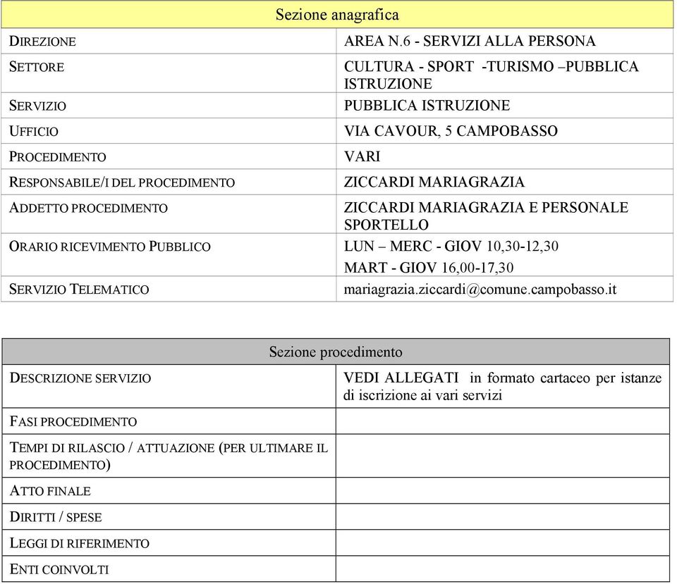 MARIAGRAZIA E PERSONALE SPORTELLO ORARIO RICEVIMENTO PUBBLICO LUN MERC - GIOV 10,30-12,30 MART - GIOV 16,00-17,30 SERVIZIO TELEMATICO mariagrazia.ziccardi@comune.campobasso.