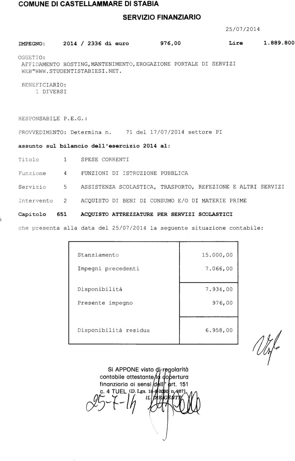 71 del 17/07/2014 settore PI assunto sul bilancio dell'esercizio 2014 al: Titolo l SPESE CORRENTI Funzione 4 FUNZIONI DI ISTRUZIONE PUBBLICA Servizio 5 ASSISTENZA SCOLASTICA, TRASPORTO, REFEZIONE E