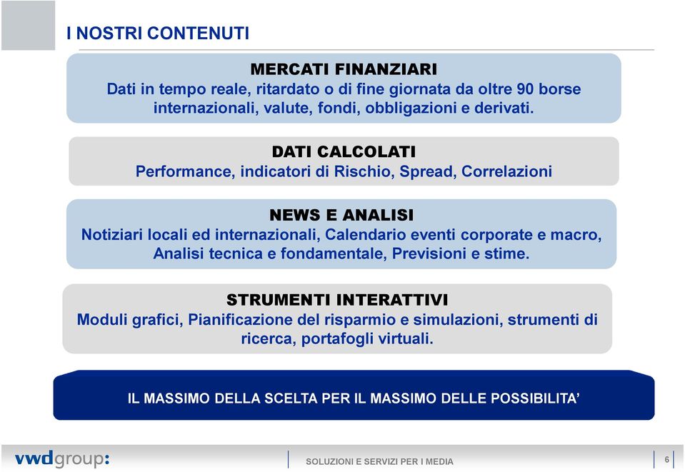 DATI CALCOLATI Performance, indicatori di Rischio, Spread, Correlazioni NEWS E ANALISI Notiziari locali ed internazionali, Calendario eventi