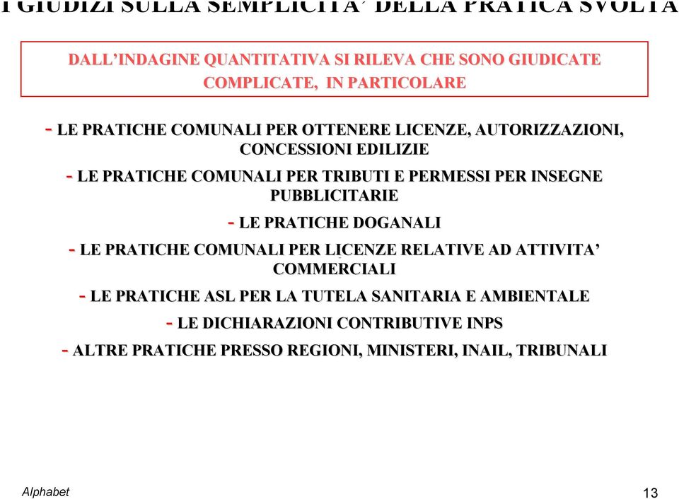 DALL INDAGINE QUANTITATIVA SI RILEVA CHE SONO GIUDICATE COMPLICATE, IN PARTICOLARE - LE PRATICHE COMUNALI PER OTTENERE LICENZE,