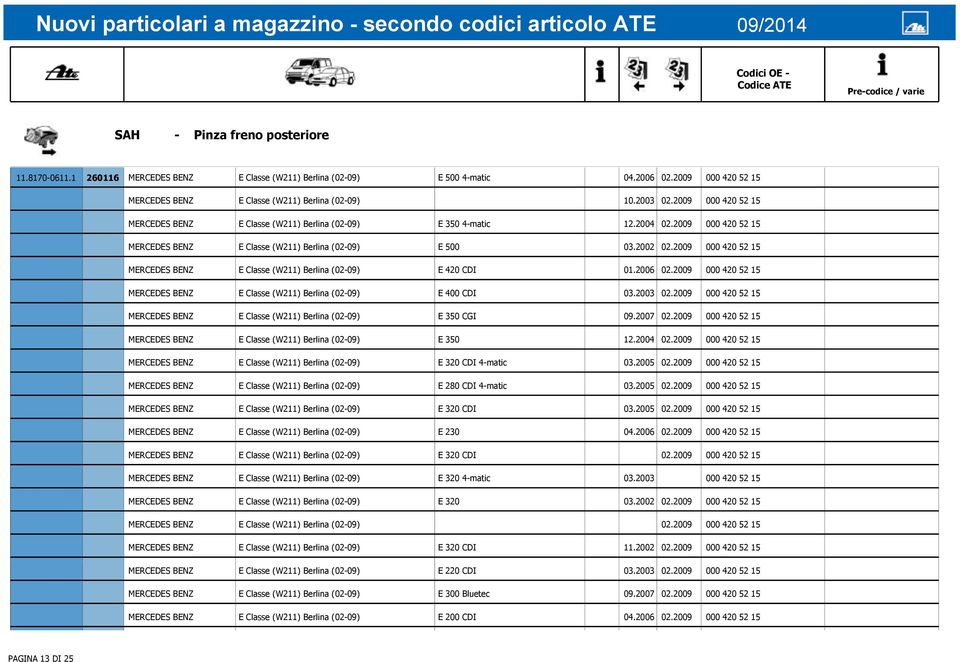 2009 000 420 52 15 MERCEDES BENZ E Classe (W211) Berlina (02-09) E 420 CDI 01.2006 02.2009 000 420 52 15 MERCEDES BENZ E Classe (W211) Berlina (02-09) E 400 CDI 03.2003 02.